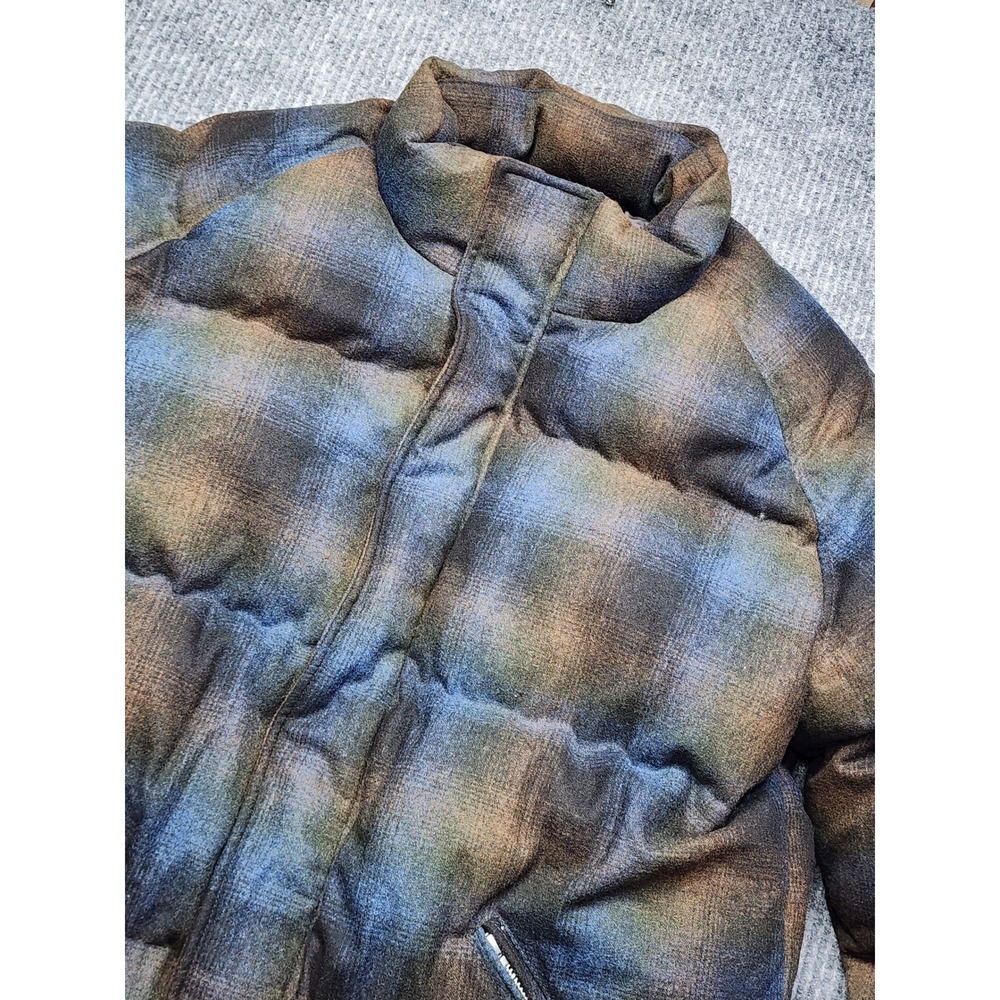 Express Mens Plaid Wool Blend Puffer Jacket Blue Brown Ombre Medium Tall NWT